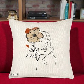 Perna Decorativa Portret Feminin Floare Bej Terracotta, 40x40 cm, Crem Reliefat, Husa Detasabila, Perna Inclusa, BEKZ®