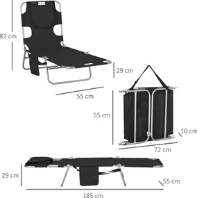 Outsunny Șezlong de grădină, șezlong cu deschidere căptușită pentru față, șezlong de masaj pentru exterior, buzunar lateral, material textil, metal, Negru | Aosom Romania