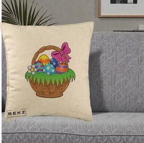 Perna Decorativa Cos cu Oua de Pasti Colorat, 40x40 cm, Bej, Husa Detasabila, Perna Inclusa, BEKZ®