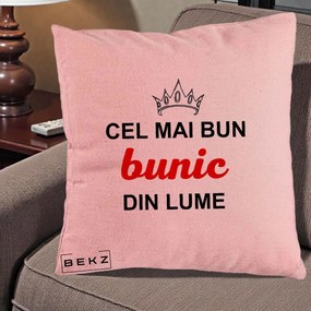 Cadou pentru Bunic - Perna Personalizata Cel Mai Bun Bunic Din Lume Coroana Rosu, 40x40 cm, Roz, Husa Detasabila, Perna Inclusa, BEKZ®