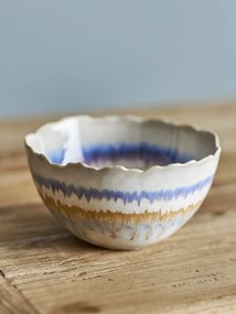 Bol din ceramică, multicolor, model floral radial și benzi în nuanțe de natur, albastru și portocaliu, margine ondulată, 8 x 14,5 cm, „Zeno”