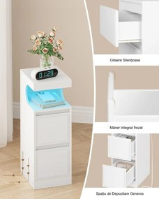 NOA79 - Set 2 Noptiere, 24 cm, foarte inguste, cu LED, 2 Sertare si Raft - Alb