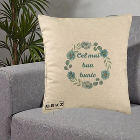 Cadou pentru Bunic - Perna Personalizata Cel Mai Bun Bunic Coronita Flori Albastre Teal, 40x40 cm, Bej, Husa Detasabila, Perna Inclusa, BEKZ®