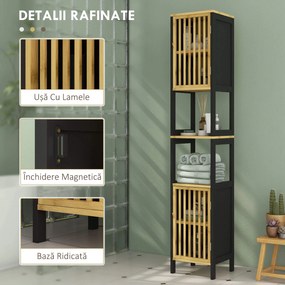 HOMCOM Dulap de Baie Înalt, Dulap de Baie cu 2 Compartimente Deschise, 2 Uși și Rafturi Reglabile, 32x30x172 cm, Negru | Aosom Romania