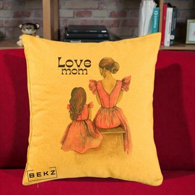 Cadou pentru Mama - Perna Personalizata Love Mom Rochii Roz, 40x40 cm, Galben, Husa Detasabila, Perna Inclusa, BEKZ®