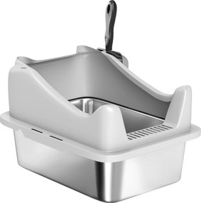 PawHut Litieră din oțel inoxidabil, toaletă pentru pisici, margini înalte, curățare ușoară, 43,1x33,2x25,4cm, gri | Aosom Romania