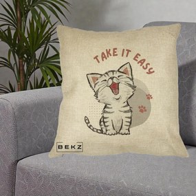 Perna Personalizata Take It Easy Cat, 40x40 cm, Crem, Husa Detasabila, Perna Inclusa, BEKZ®