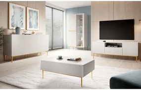 Vitrina Nicole 100 cm cu fata canelata - picioare alb mat / auriu