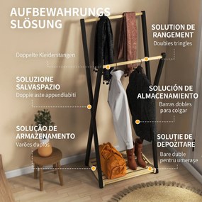 HOMCOM Cuier de Podea din Lemn cu 2 Bare, Suport pentru Haine Autoportant Modern cu Raft Inferior, 61x45x152 cm, Natural