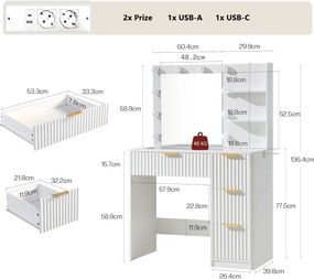 Masuta machiaj 92 cm, Alba sau Maro cu Oglinda LED si 4 Sertare pentru Cosmetice, Set Masa toaleta cu 2 Prize, USB si USB-C, masuta cosmetica, vanity