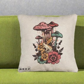Perna Decorativa Ciuperci si Broaste Boho, 40x40 cm, Bej Canapea, Husa Detasabila, Perna Inclusa, BEKZ®