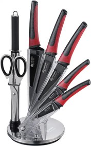 Set de cutite Edenberg EB-952, 8 piese, Otel carbon, Foarfeca, Ascutitor, Suport acrilic, Negru/Rosu