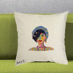 Perna Decorativa Portret Femeie Etnic Colorat, 40x40 cm, Ecru, Husa Detasabila, Perna Inclusa, BEKZ®