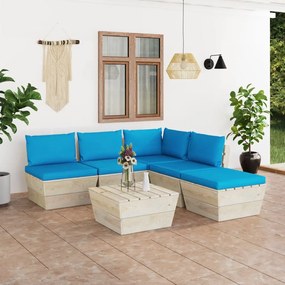 Set mobilier gradina din paleti, 6 piese, cu perne, lemn molid Albastru deschis, colt + 3x mijloc + masa + suport pentru picioare, 1