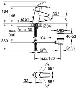 GROHE 33265002 - Baterie lavoar EUROSMART DN 15, mărimea S, crom lucios