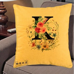 Cadou Personalizat - Perna Personalizata Monogram Litera K cu Flori Acuarela, 40x40 cm, Galben, Husa Detasabila, Perna Inclusa, BEKZ®