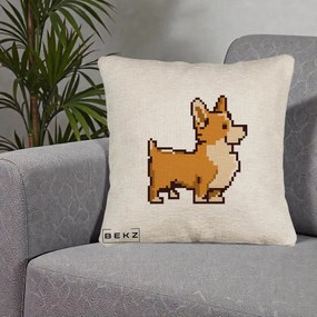 Perna Personalizata Corgi Pixel Art, 40x40 cm, Bej Canapea, Husa Detasabila, Perna Inclusa, BEKZ®