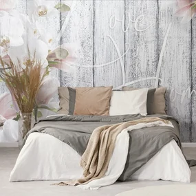 Tapet autoadeziv orhidee vintage cu inscripție - Love begins at home