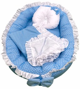 Cuib baby nest bebelusi cu volanase Albastru cu buline albe LUX by Deseda+ paturica + pernuta