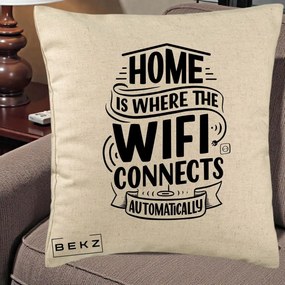 Perna Decorativa Home Is Where WiFi Connects, 40x40 cm, Bej, Husa Detasabila, Perna Inclusa, BEKZ®