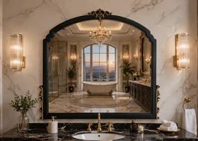 Oglindă decorativă de perete, ramă negru-auriu antichizată, 65x90 cm