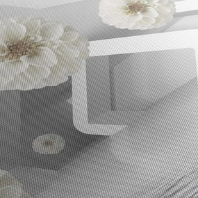 Tablou abstract cu flori albe (cu ceas) (90x30 cm)