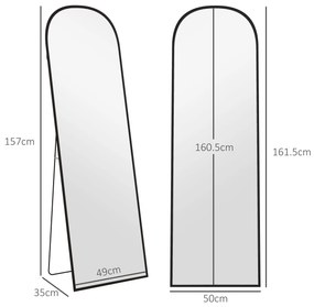 HOMCOM Oglindă de Podea și Perete, Oglindă Modernă cu Structură din Aliaj de Aluminiu și Suport Pliabil, 50x161.5 cm, Negru | Aosom Romania