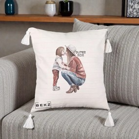 Cadou pentru Mama - Perna Personalizata Super Mom Acuarela, 40x40 cm, Bej cu Franjuri, Husa Detasabila, Perna Inclusa, BEKZ®