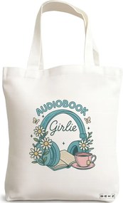 Sacosa de Panza pentru Cumparaturi, Geanta Tote, model Audiobook Lover, 38 x 34.5 cm, Alba, BEKZ®
