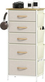 HOMCOM Comodă pentru dormitor cu 5 sertare din material textil, traverse din oțel, suprafață din lemn, 4 buzunare de depozitare, 2 cârlige, bej | Aosom Romania