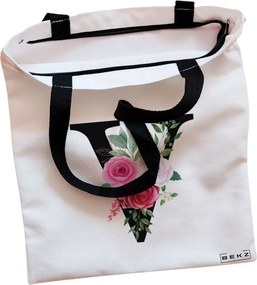 Sacosa de Panza pentru Cumparaturi, Geanta Tote, Cu litera V si Trandafiri, Cu fermoar, 38x34.5 cm, Alba, BEKZ®