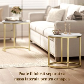 HOMCOM Set 2 Măsuțe de Cafea cu Blat cu Efect de Marmură din MDF și Oțel, Ø50x50.5 cm și 60x36x43.5 cm, Alb și Auriu | Aosom Romania