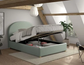 Set MOON: pat tapițat 140 x 200 cm verde cu țesătură bouclé și spațiu de depozitare + taburet verde multifuncțional – Vipack