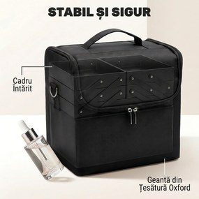 HOMCOM Trusă Machiaj Profesională, 4 Compartimente Interioare Detașabile, Curea și Mâner, 27,5x19,5x24,5 cm, Negru | Aosom Romania
