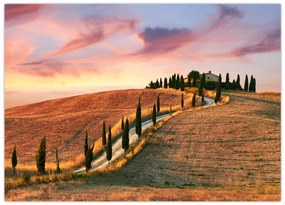 Tablou pe sticlă - Casa pe deal Toscana, Italia (70x50 cm)