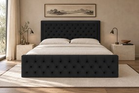 Pat tapițat Chesterfield din catifea Ophelia Deluxe 180×200 cm, negru, cu ladă de depozitare