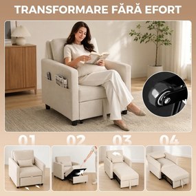 HOMCOM Fotoliu Extensibil 3 în 1 Pliabil cu Spătar Reglabil, Material cu Aspect de In, 78 x 94,5 x 83 cm, Alb Crem | Aosom Romania