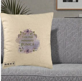 Cadou pentru Bunica - Perna Personalizata Cea Mai Minunata Bunica Flori Mov Acuarela Verde, 40x40 cm, Bej, Husa Detasabila, Perna Inclusa, BEKZ®