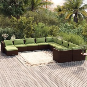 Set mobilier de gradina cu perne, 11 piese, maro, poliratan maro si verde, 6x mijloc + 4x colt + suport pentru picioare, 1