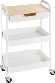 HOMCOM Masă de bucătărie cărucior de servire 2 rafturi sertar tavă aspect de lemn deschis oțel PP alb | Aosom Romania