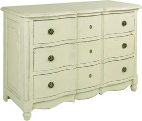Comodă vintage cu 3 sertare, din lemn de pin, verde, cu fațadă ondulată, mânere rotunde și picioare strunjite, patinat, 90 x 130 x 59 cm, „Arbalette”