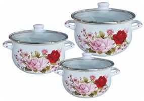 Resigilat: Set 3 oale cu capac din sticla Rosberg R54518E3G, 6 piese, Emailate, Inductie, Alb/Imprimeu floral