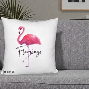 Perna Decorativa Flamingo Acuarela, 40x40 cm, Alb Pufos, Husa Detasabila, Perna Inclusa, BEKZ®