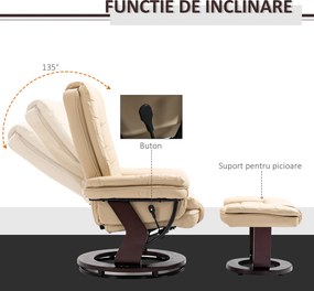HOMCOM Set Fotoliu și Pouf pentru Picioare, Rotativ la 360° și Reclinabil cu Suport pentru Cap și Brate, 85x106x94cm, Bej | Aosom Romania
