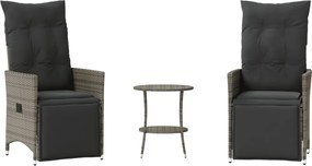 vidaXL Set bistro de grădină cu perne, 3 piese, gri, poliratan