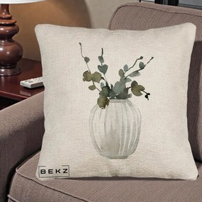 Perna Decorativa Vaza cu Eucalipt Watercolor, 40x40 cm, Bej Canapea, Husa Detasabila, Perna Inclusa, BEKZ®