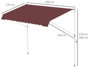 Outsunny Copertină manual retractabilă 3L x 1,5m, înălțime ajustabilă,material din poliester anti-UV, Roșu | Aosom Romania