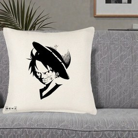 Perna Personalizata One Piece Luffy Silueta Alb-Negru, 40x40 cm, Crem Reliefat, Husa Detasabila, Perna Inclusa, BEKZ®