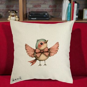 Perna Decorativa Pasare Roz cu Aripi si Fundita, 40x40 cm, Ecru, Husa Detasabila, Perna Inclusa, BEKZ®