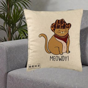 Perna Decorativa Pisica Cowboy Meowdy, 40x40 cm, Bej, Husa Detasabila, Perna Inclusa, BEKZ®